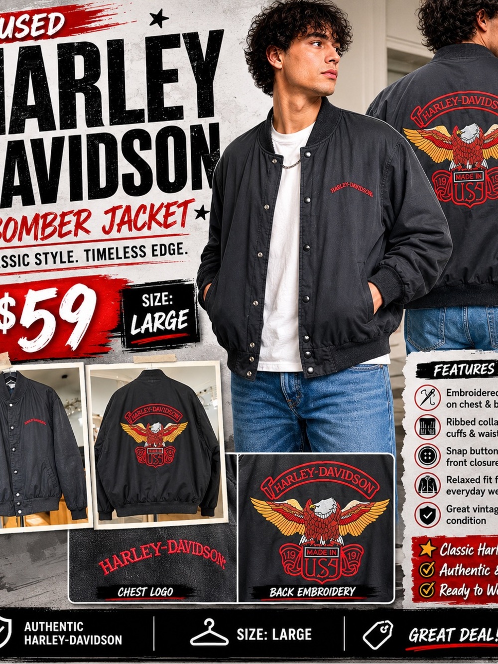 Harley-Davidson Black Bomber Jacket with Red & Gold Eagle Embroidery